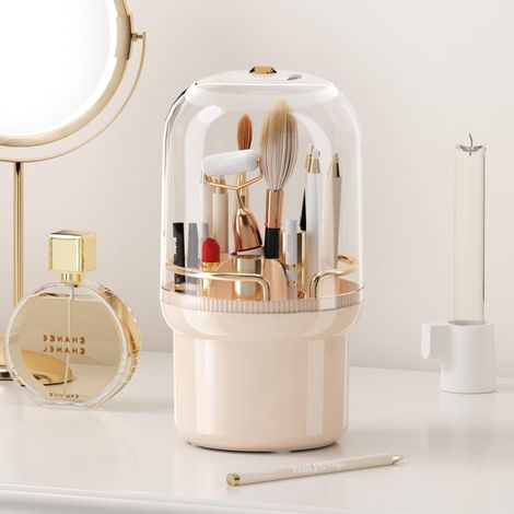Porte-pinceaux de maquillage avec couvercle, organisateur de pinceaux anti-poussière pour comptoir, support rotatif 360° pour coiffeuse - Rose Sakura (1/5)