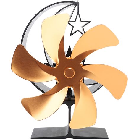 Ventilador térmico de 6 aspas para estufas de leña: rápida circulación del aire, diseño de media luna, color dorado.