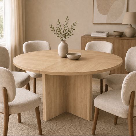Mesa de comedor redonda 120 cm para 4-6 personas, estilo escandinavo, estructura de MDF acabado roble, uso diario (1/5)