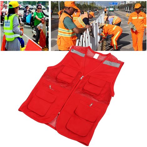 Gilet de travail réfléchissant multipoches en filet de pêche, imprimé avec le mot « journaliste », idéal pour les mariages et la publicité, rouge vif, taille XXL. (1/5)