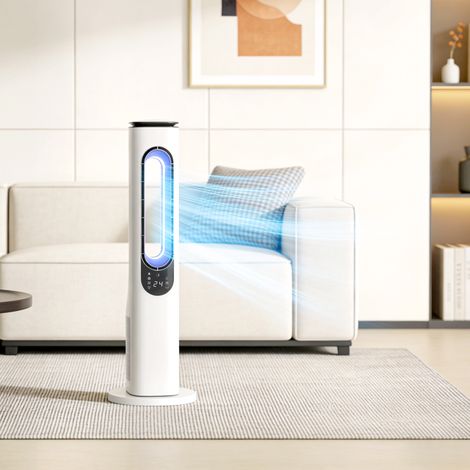 Ventilateur colonne sans pales pour chambres. Ventilateur sur pied silencieux (35 dB) avec oscillation à 50°. Éclairage LED. 3 vitesses. Minuterie 15 heures. Blanc.