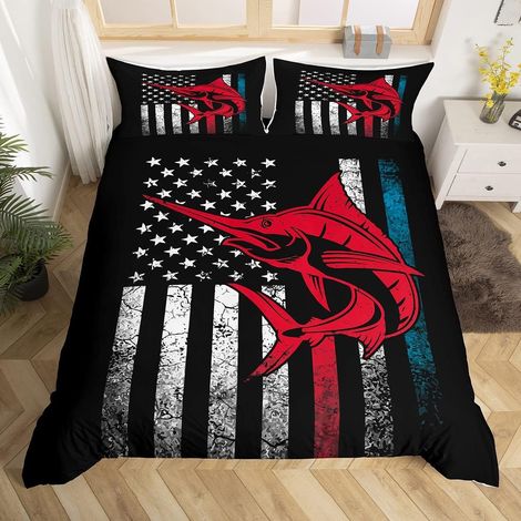 Marlin Espadon Parure de Lit 140x200cm La mer Fish Américains Housse de Couette Nautical Pêche Et Chasse Sets de Housse de Couette Nature Marine Animaux Rouge Parure Housse de Couette 2 pièces - 140 x (1/5)