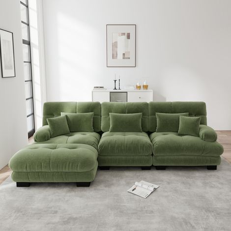 Divano angolare modulare 313x145x81 cm verde in chenille con pouf mobili (1/5)