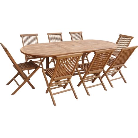 Happy Garden – Ensemble table et chaises de jardin en teck – Table ovale extensible 6 à 8 places – Trou pour parasol – Dimensions L 180 à 240 × l 100 × H 75cm