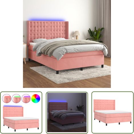 The Living Store Sommier à lattes de lit matelas et LED Rose 140x190 cm Velours - Lit Plateforme - Lit Capitonné - Lit Design - Lit Double - Sommier Tapissier (1/5)