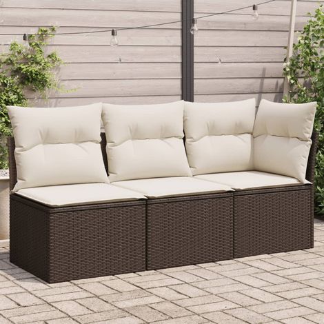 Gartensofa mit Kissen 3-Sitzer Braun Poly Rattan vidaXL