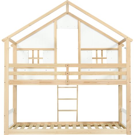 Litera infantil 90x200 cm con techo y ventanas, pino, MDF y contrachapado, blanco/natural (1/5)