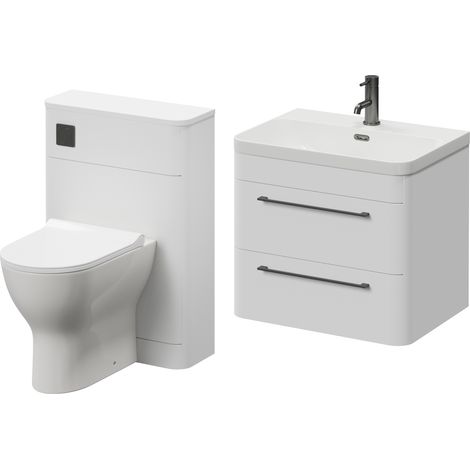 Oslo Gloss White 1150mm Wall Mounted Vanity Unit Toilet Suite with Fina Basin - 1150mm - Gunmetal Grey 320mm HandleWith Jubilee Toilet Pan and Seat