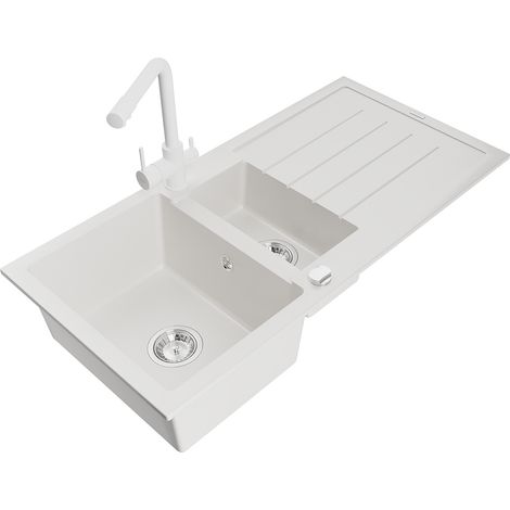 Mexen Andres fregadero de granito de 1,5 tazones con escurridor y grifo de cocina Duero, blanco - 6515-20-671600-20 (1/5)