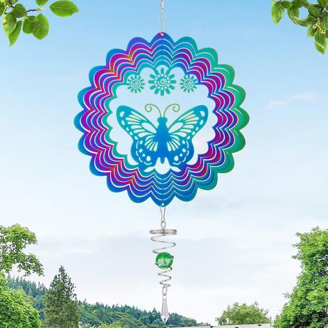Moulin à vent papillon, métal coloré 15×42 cm, décoration de jardin à suspendre avec crochet rotatif et boule de cristal (1/5)