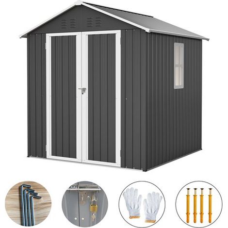 BIRCHTREE Garden Shed 6x6FT Steel Apex Tool Equipment Organize W/Window Door Anthracite