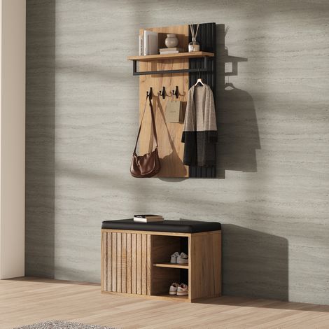 Mobile da ingresso 70x36x146 cm nero e naturale in truciolare con panca imbottita, 2 ante e 3 ganci (1/5)