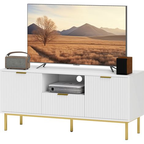 Meuble TV 50 pouces blanc 120 cm, avec 2 portes à fermeture douce, tiroir et compartiment ouvert
