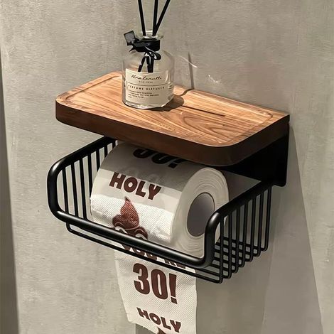 Soporte de pared vintage para papel higiénico con estante de madera - Instalación sin taladros - Estante multifuncional para el baño - 22,5 x 11 x 13 cm (1/2)