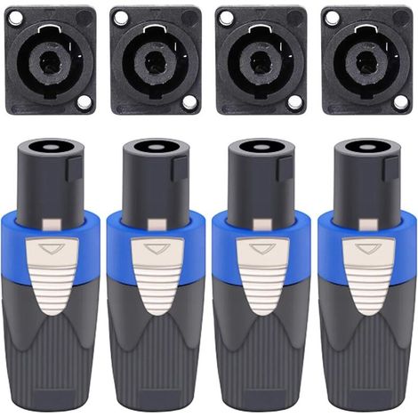 4 Set Kit de connecteurs Speakon, fiches de haut-parleur 4 broches à verrouillage rotatif et prises de montage sur panneau de châssis, compatibles NL4FC, NL4FX, NL4MPR