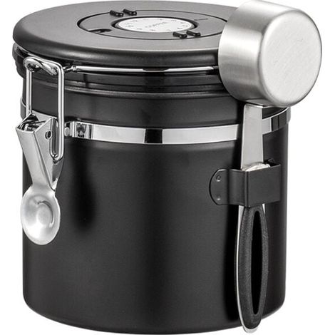 Kaffeebehälter aus Edelstahl – luftdichter Kaffeebehälter zur Aufbewahrung von Kaffeebohnen, 1200 ml Fassungsvermögen mit Messlöffel und Datumsrad, schwarz (1/4)