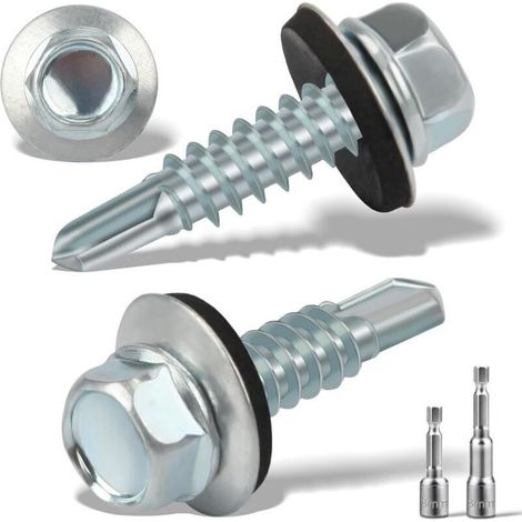 120 Pcs Vis Autoperforante 4,8x19MM Pour Metal, Bac Acier, Toiture - Auto-Taraudeuses à Tête Hexagonale Avec Rondelle D'étanchéité - 2 Douilles Hexagonales Incluses - Galvanisées, Argenté (1/5)