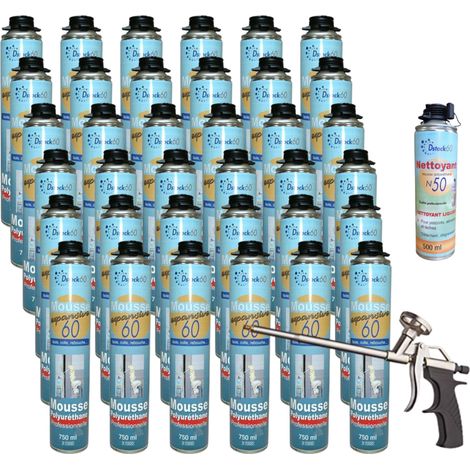 DSTOCK60- 36 mousses pistolables expansives 750ml + 1 pistolet + 1 nettoyant - Isole. colle et rebouche - Extérieur & Intérieur