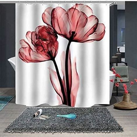 1 Rideau de douche, 100% polyester, motif fleur de lotus, imperméable, 12 anneaux, salle de bain (1/4)