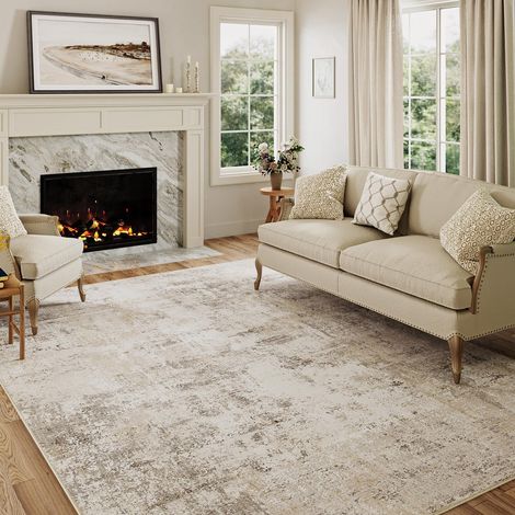 Beige Gris Tapis Salon 150x210cm Lavable en Machine Antidérapant Grand Tapis Chambre Adulte Moderne Naturel Abstrait Carpet Salle a Manger Bureau Descente de Lit Interieur Doux Poil Ras Rug