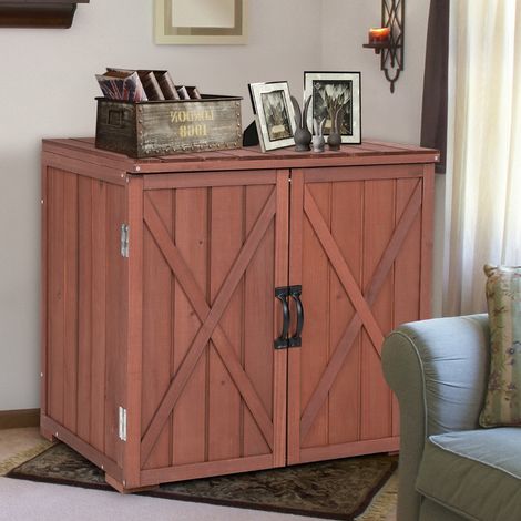 Armoire de Rangement en Bois de Sapin avec 2 Portes Magnétiques et Poignées de Porte pour Jardin Patio Arrière-cour Marron (1/2)