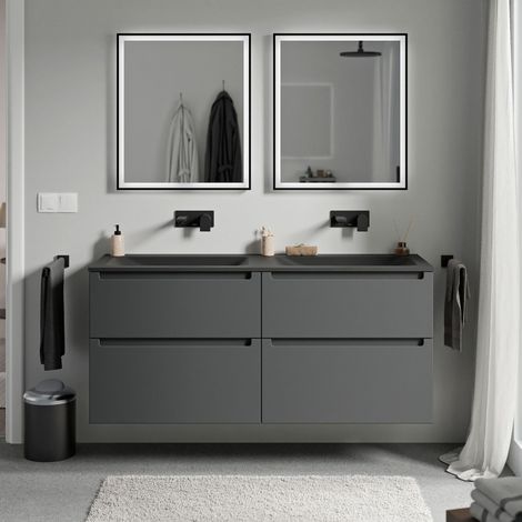 BERNSTEIN - Mobile lavabo doppio sospeso MDF antracite opaco, lavelli Ghisa nero opaco senza foro rubinetto, cassetti girevoli - 120x46x62cm - VIREO	Antracite opaco, Nero opaco senza foro per rubinett