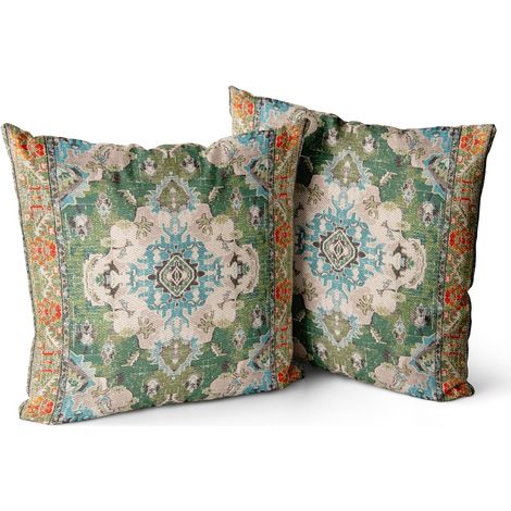 Lot de 2 coussins décoratifs carrés style bohème 45x45cm pour canapé, voiture, chambre, salon, extérieur (vert) (1/4)