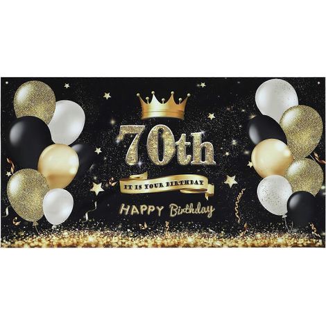 Geburtstagsbanner, Hintergrundposter, Luftballons für einen 70. Geburtstag – 180 x 99 x 0,1 cm – Gold und Schwarz (1/3)