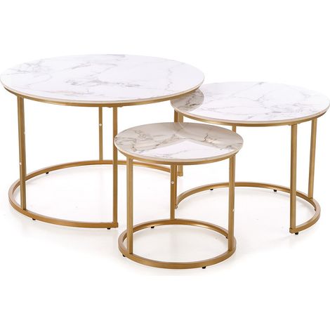 Conjunto mesa de centro Houston 1884, Dorado + Mármol blanco, 50x0x0cm, Diámetro: 80, Piedra sinterizada, Redonda