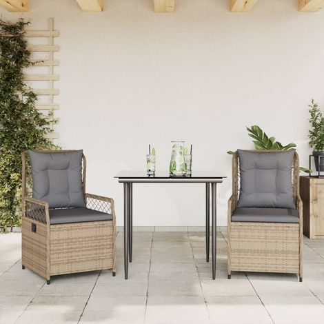 Salon de jardin 3 pièces en poly rotin avec coussins, 2 fauteuils beige, table noire - PANGIVO (1/5)