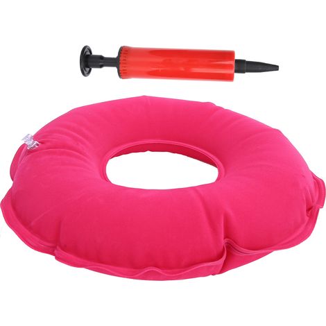 Coussin anti-escarres gonflable rond rouge rose, avec pompe, pour patient alité âgé, prévention des escarres, confort optimal. (1/5)