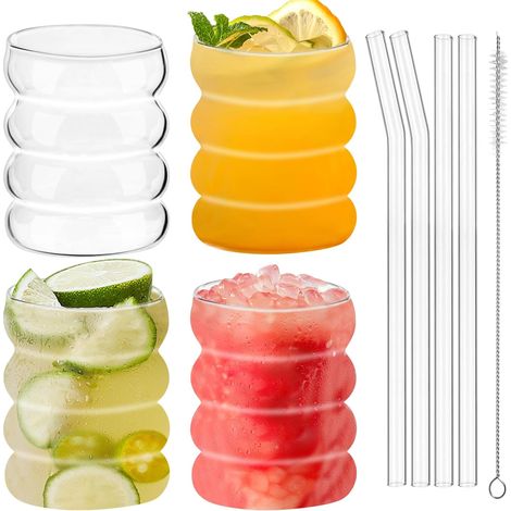 4 Verres Rippés avec Pailles en Verre, Verres Bubble de 350ML, Verre Matcha avec Paille, Verres à Café, Verres à Glace Rippés pour Cocktails, Whisky, Thé, Soda et Café (1/5)