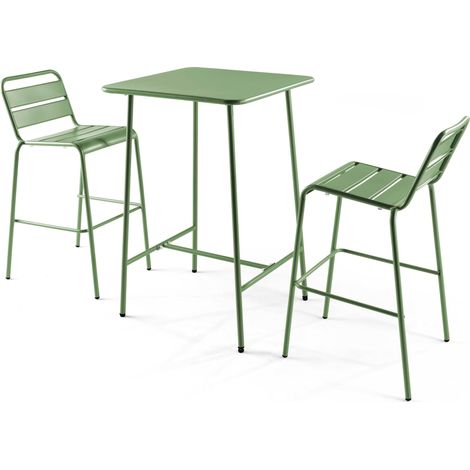 Ensemble table de bar et 2 chaises hautes en métal vert cactus - Palavas (1/5)