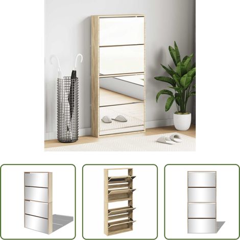 Spiegel - Schuhschrank mit 4 Fächern Spiegel Eiche 63×17×134 cm (1/5)