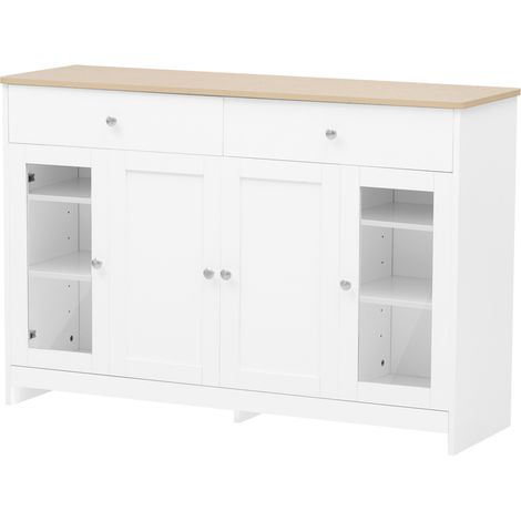 Buffet rustique blanc et bois avec 4 portes et 2 tiroirs, 120 cm pour séjour et salle à manger (1/5)