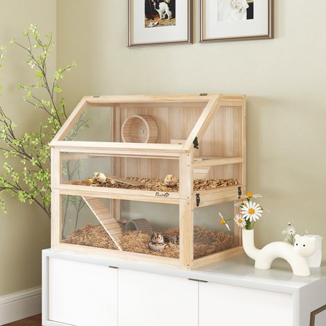 Cage en bois pour hamsters 3 étages Cage à rongeurs Nagarium avec couvercle Roue articulé de course 80 x 50 x 76 cm Bois naturel