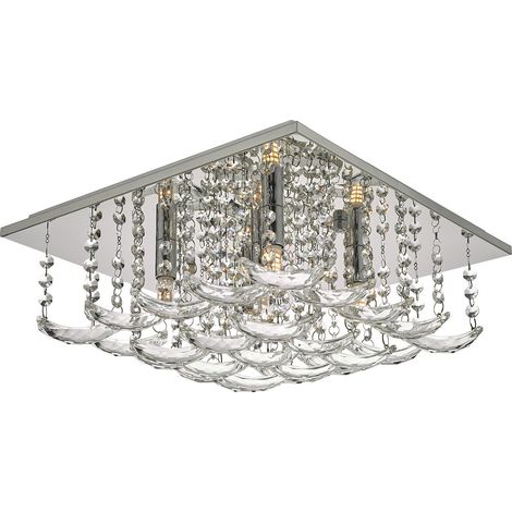 DAR ORELLA - Plafonnier affleurant chrome poli et cristal, 5x G9 (1/5)
