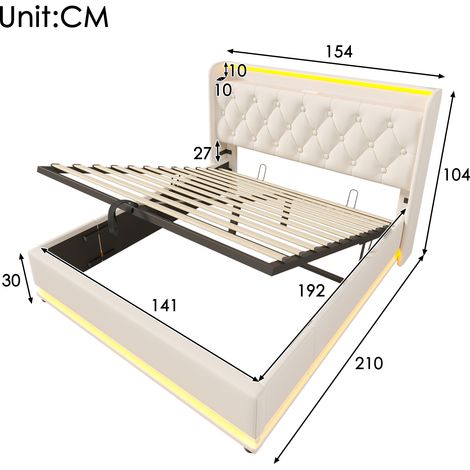 Lit double rembourré 140x190 cm blanc PU, avec éclairage LED 360° et commande tactile/appli/télécommande, coffre de rangement hydraulique, tête de lit avec chargeur USB-C (sans matelas)