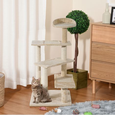 Perchoir chat pour à plusieurs niveaux avec griffoir en sisal - arbre à chat avec plateformes et lit moelleux beige - 50x50x100cm