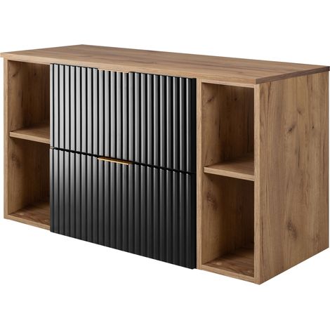 Furnidea - Meuble sous vasque FLOW NOIR 100 cm avec 2 x l'étagères - extensions et plan CHÊNE - 2 tiroirs - façades rainurées (1/5)