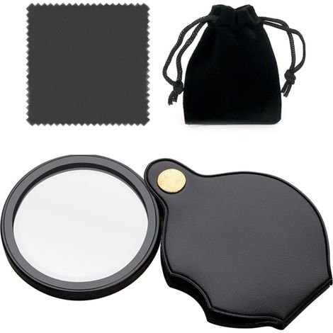 1 petite loupe de bureau de poche 15x avec 1 chiffon de nettoyage et 1 sac de rangement noir, loupe de lecture pliable, loupe portable avec étui de protection, pour lecture, livres, journaux, cartes (1/5)
