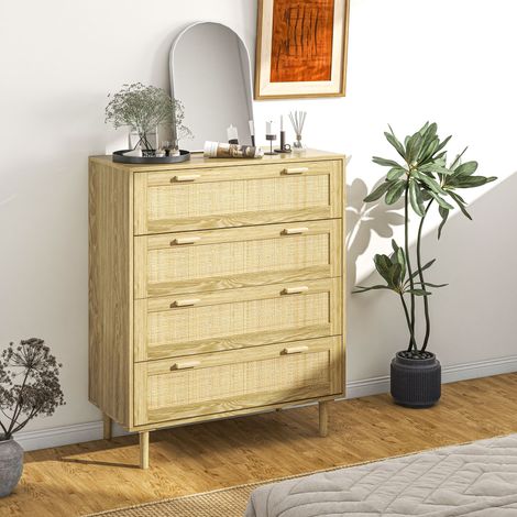 Cassettiera a 4 cassetti, mobile contenitore con frontale in rattan intrecciato, stile bohémien, dimensioni: 90L x 45P x 108,5H cm, finitura legno chiaro
