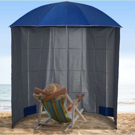 Sombrilla de playa de metal azul con pared lateral, tejido de poliéster con revestimiento UV y bolsa incluida (1/5)