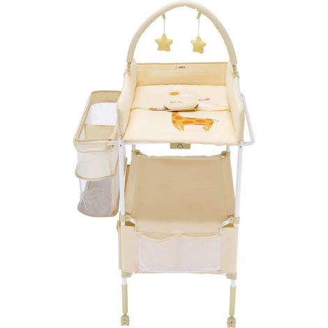 Table à langer pliable avec 2 tiroirs en tissu, panier latéral et barre de suspension, hauteur réglable, roulettes verrouillables, 2 jouets étoiles, beige clair. (1/5)