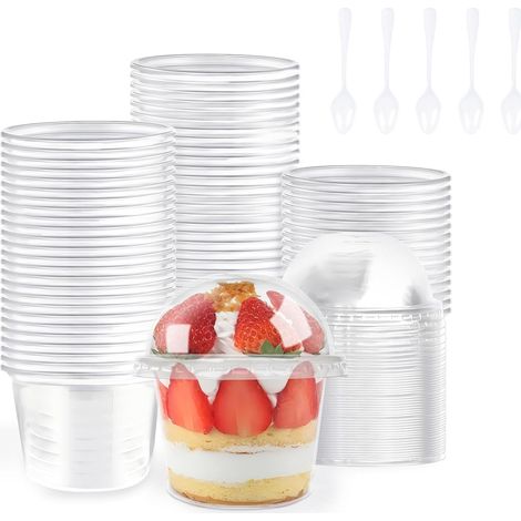 50 gobelets à dessert, transparents, 255 ml, avec couvercles bombés, pour yaourts, fruits, puddings et glaces (1/5)