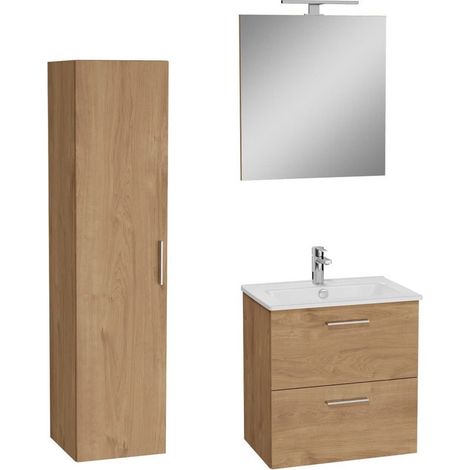 Vitra Set Mia ensemble meuble 59x61x39,5 cm avec miroir, lavabo et éclairage LED + armoire 145x35x35 cm, Chêne