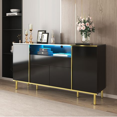 Aparador negro con 1 cajón, 6 compartimentos de almacenamiento, iluminación LED, 150×40×80cm (1/5)