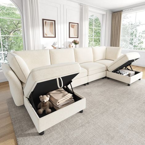 Canapé d'angle modulable 4 places, avec 2 pouf de rangement, revêtement doux en tissu chenille, 2 coussins d'accoudoirs, beige