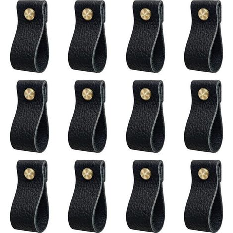 Lot de 12 poignées de meuble en cuir, avec écrous à vis, bouton de porte de commode à tiroir d'armoire anti-collision, noir (1/5)