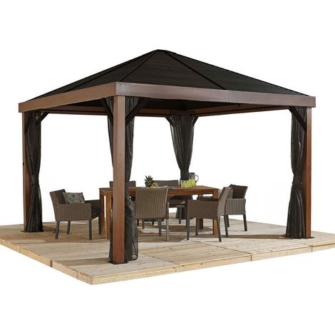 Sojag Aluminium Pavillon Valencia 1212 incl. moustiquaire imitation bois Marron 363x363x310 cm (1/5)